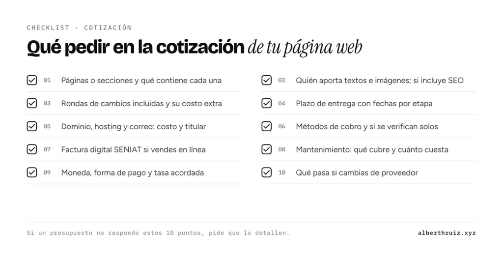 Checklist de 10 puntos que debes pedir en la cotización de una página web