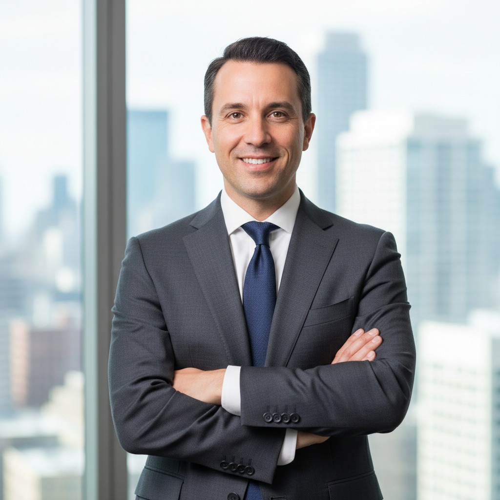 Un hombre sonriente con traje gris y corbata azul cruza los brazos frente a una ventana con vistas a la ciudad.